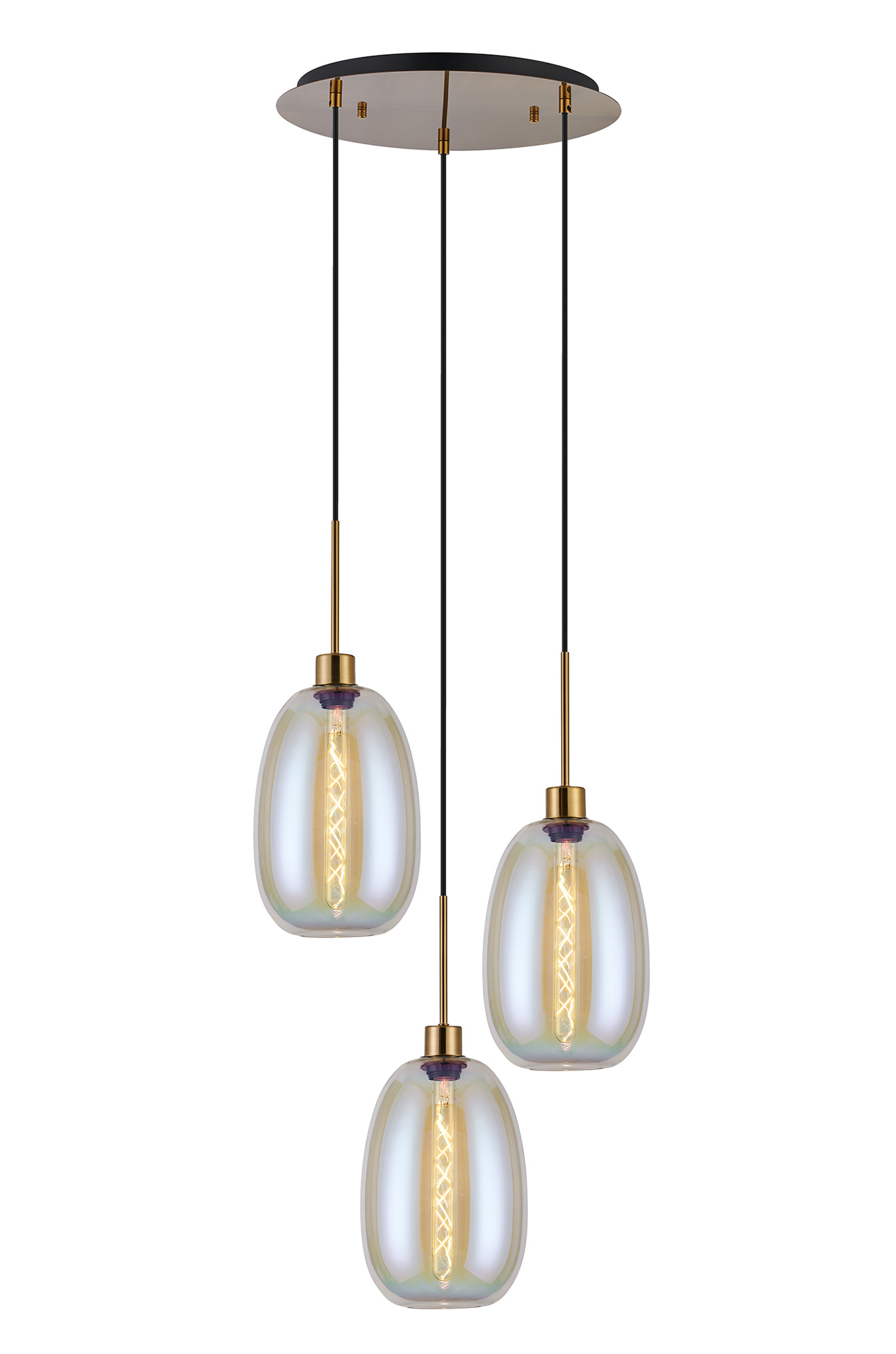 DK1175  Lori 40cm Round Pendant, 3 Light Adjustable E27, Antique Gold/Iridescent Slim Curved Trapezium Shades